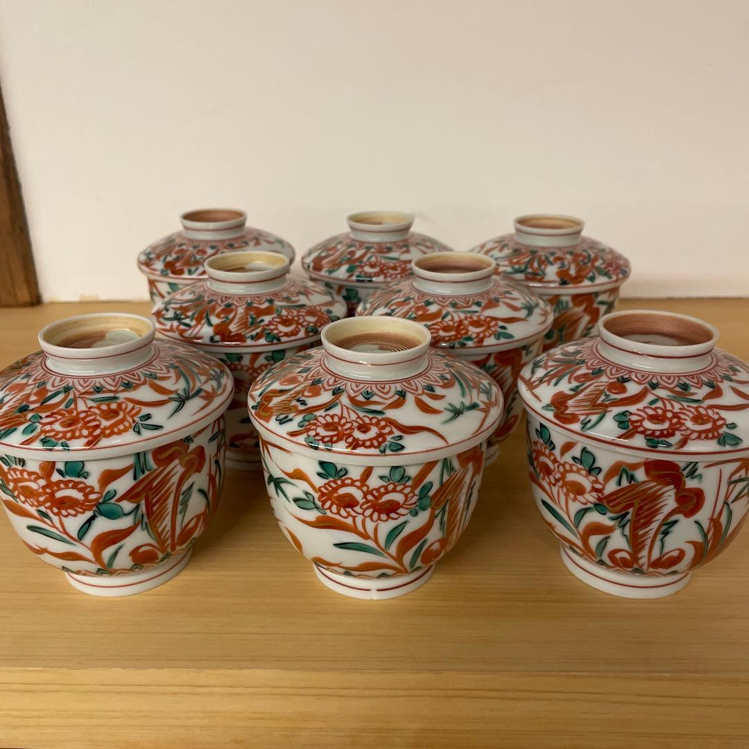 春田一陶 造 赤呉須花草図蒸茶碗8客 共箱