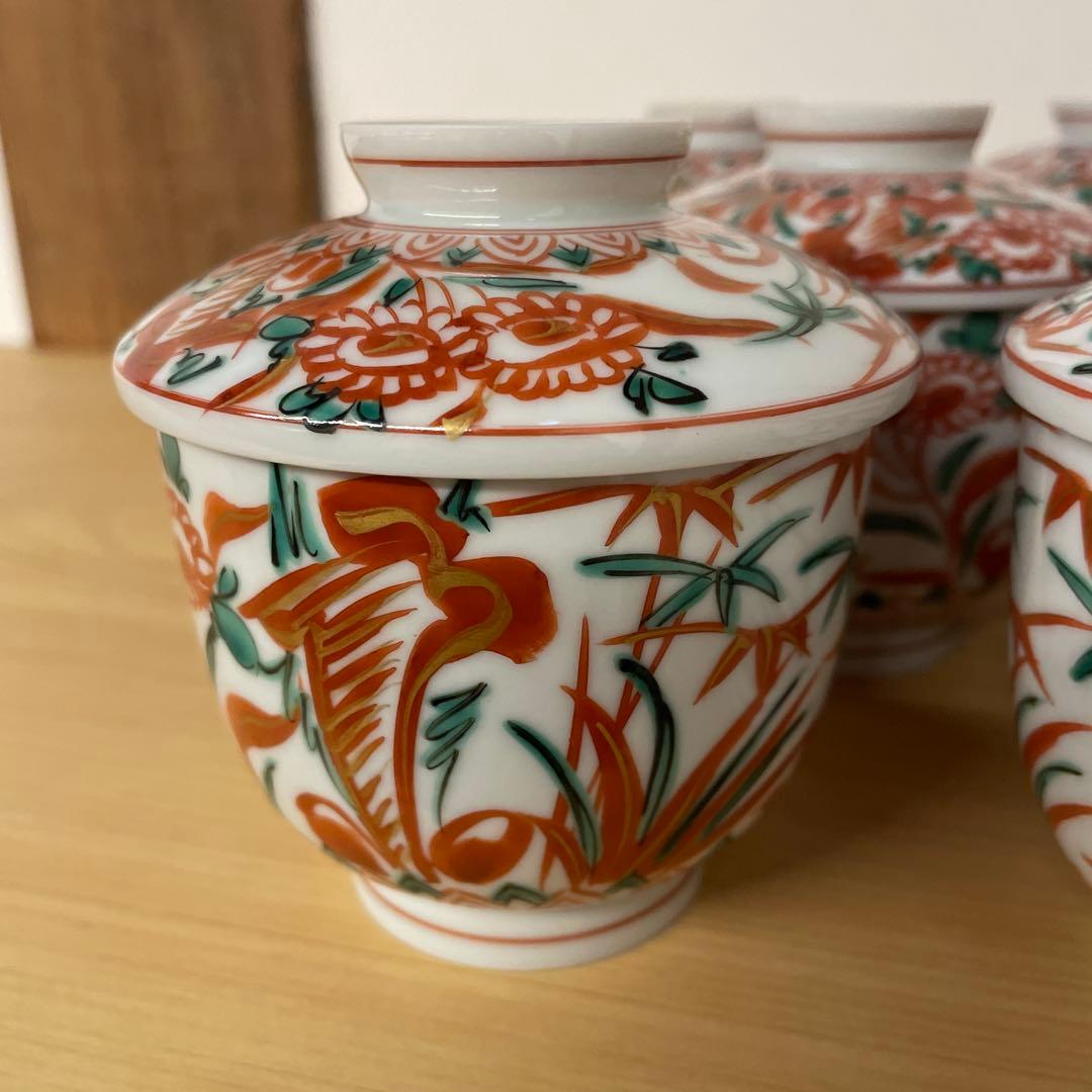 春田一陶 造 赤呉須花草図蒸茶碗8客 共箱