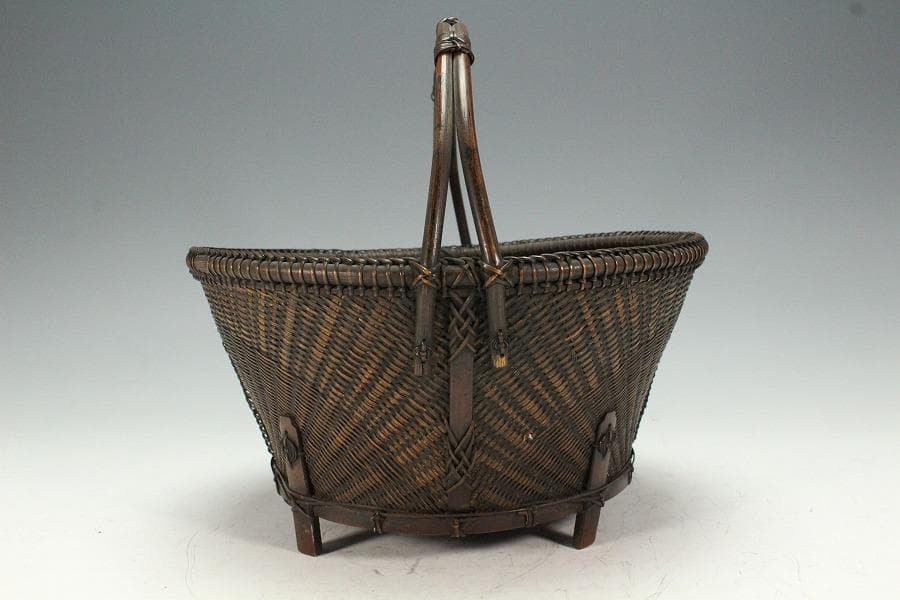 茶道具 唐物 竹網 籠 炭斗 手付 時代物(K-YC464)