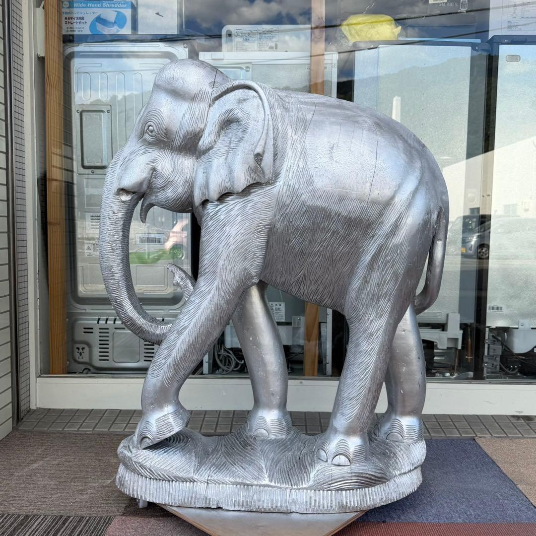 【特大サイズ‼️】木彫り 象の置き物 置物 インテリア オブジェ シルバーカラー