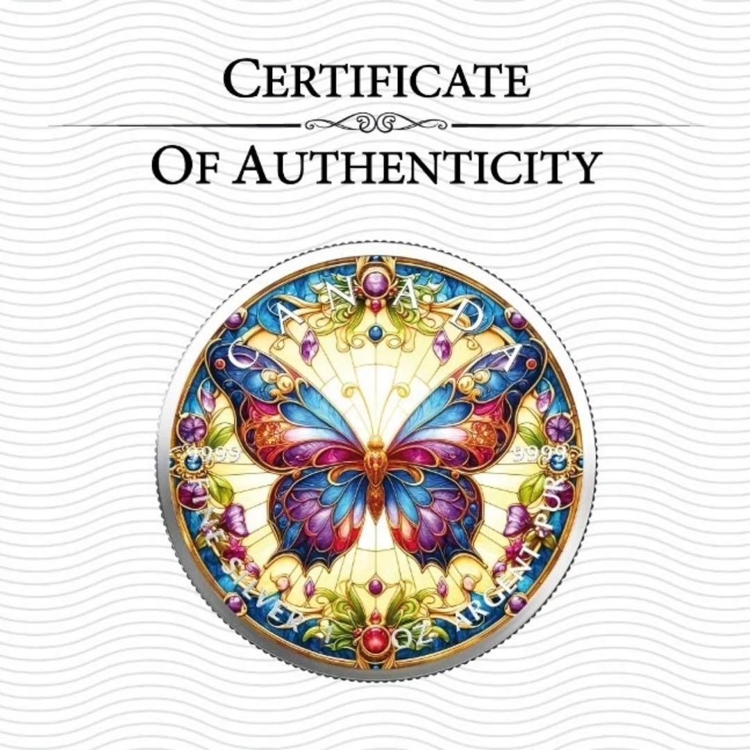 世界100枚 メイプルリーフ 銀貨 カラー ステンドグラスバタフライ