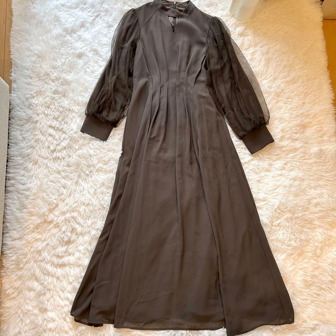 【美品】niana Vネックシアースリーブドレス　チャコール Mサイズ 結婚式