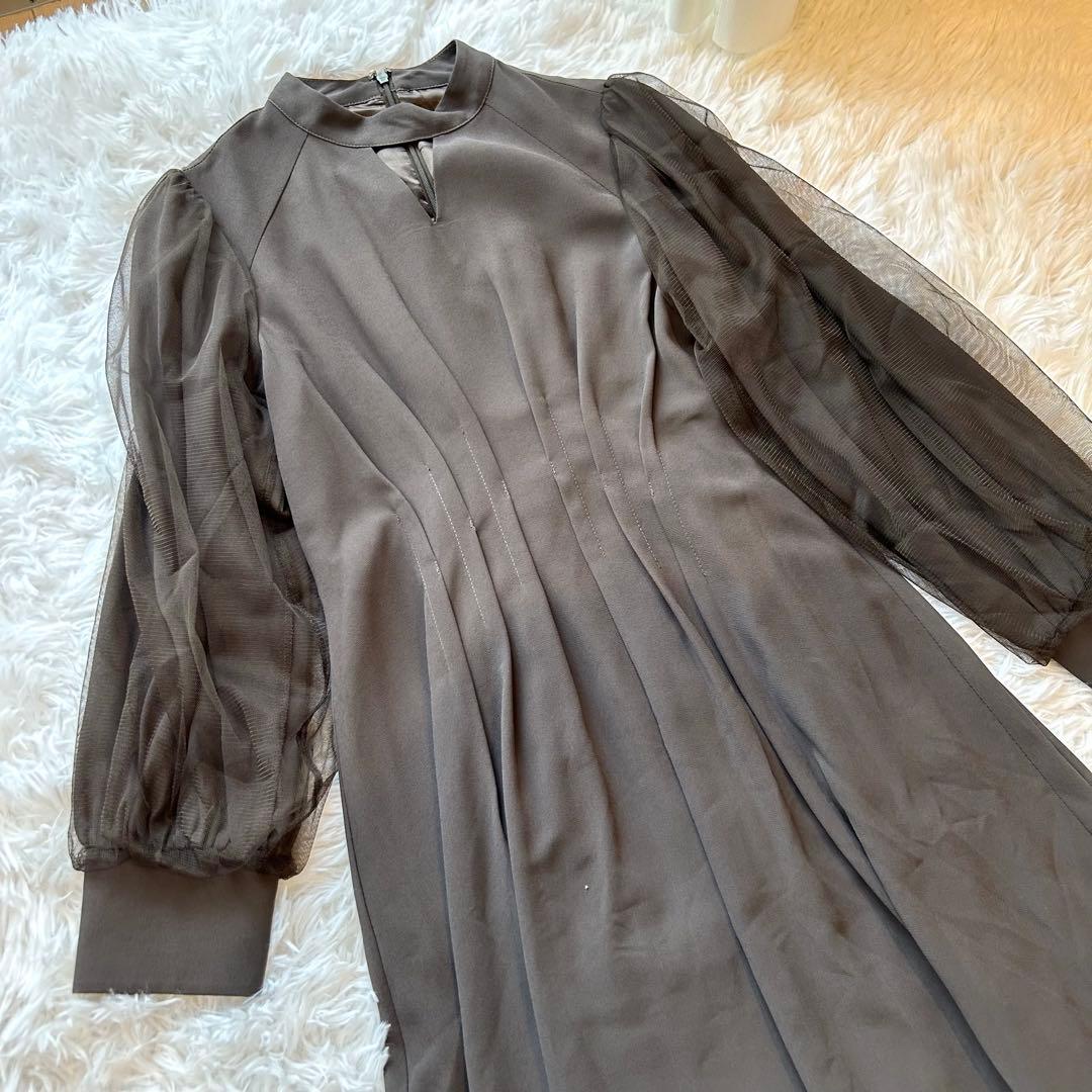 【美品】niana Vネックシアースリーブドレス　チャコール Mサイズ 結婚式