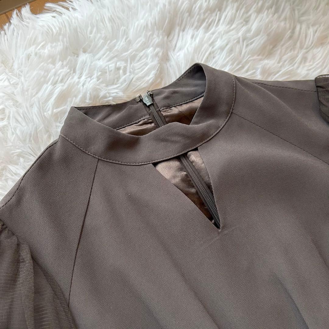 【美品】niana Vネックシアースリーブドレス　チャコール Mサイズ 結婚式