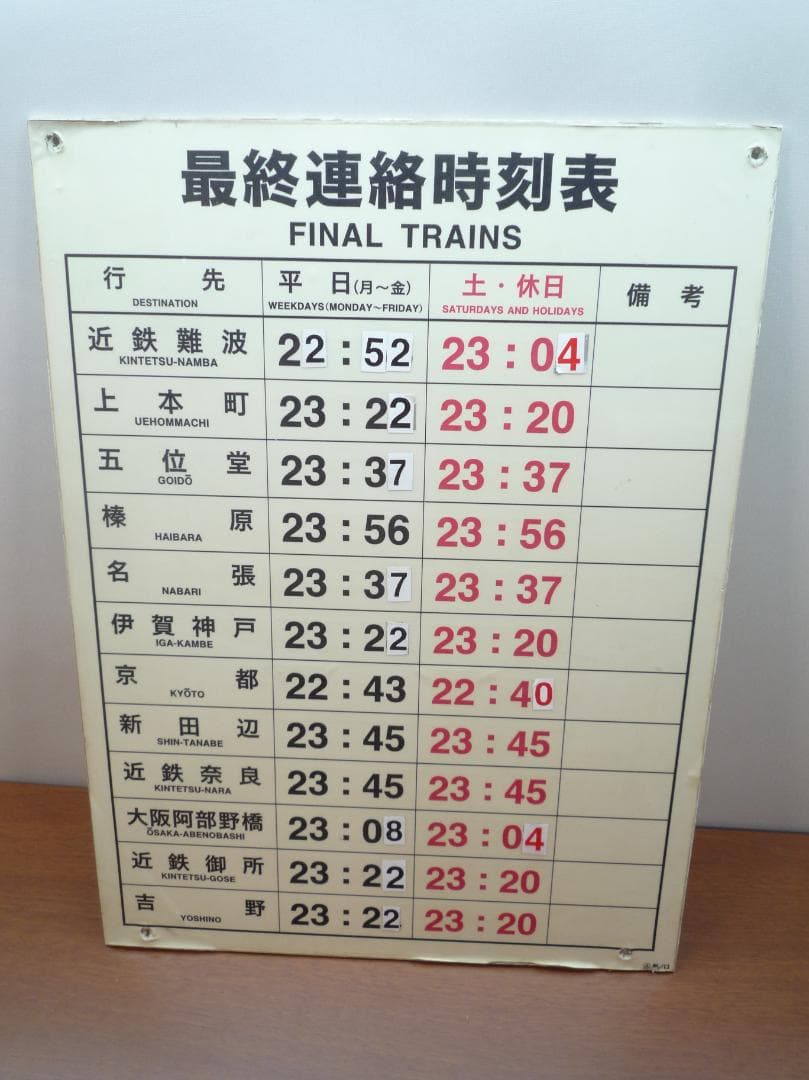 近鉄電車　 最終列車時刻表