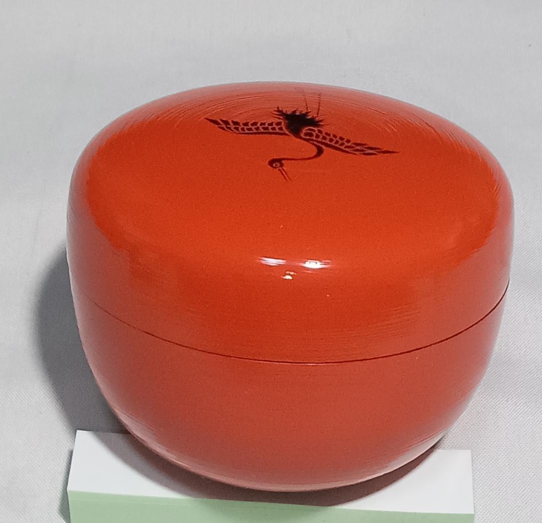 茶道具　加賀蒔絵師後藤元幸作　朱漆塗鶴蒔絵平棗　裏千家鵬雲斎宗匠花押入　美品！！