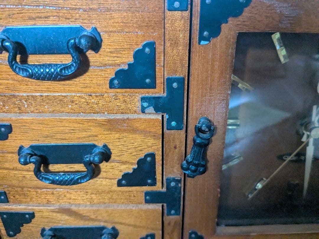 レトロ　天然木製置き物　時計.小引き出し付き