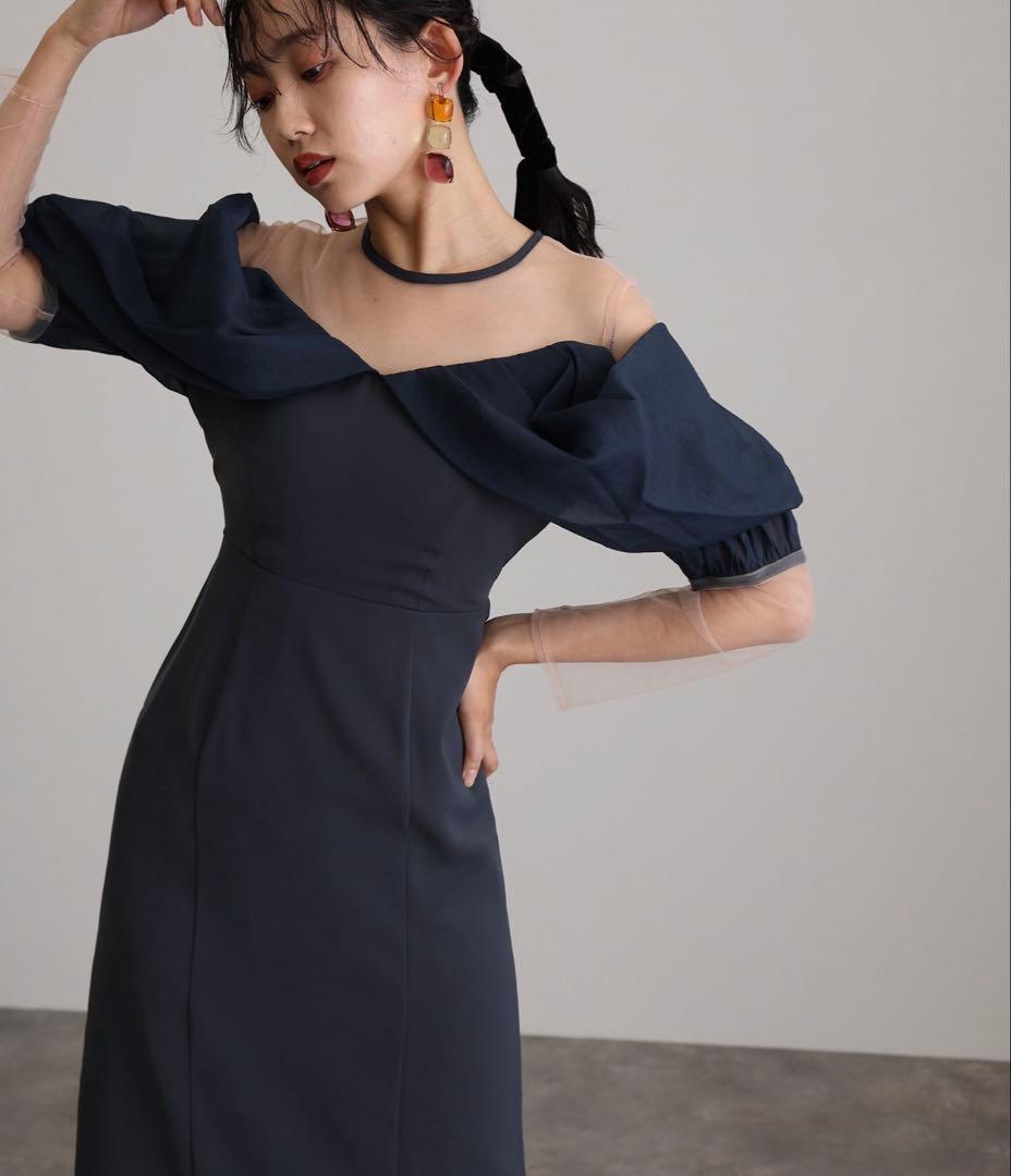pourvous オフショルダーストレートドレス アッシュネイビー L