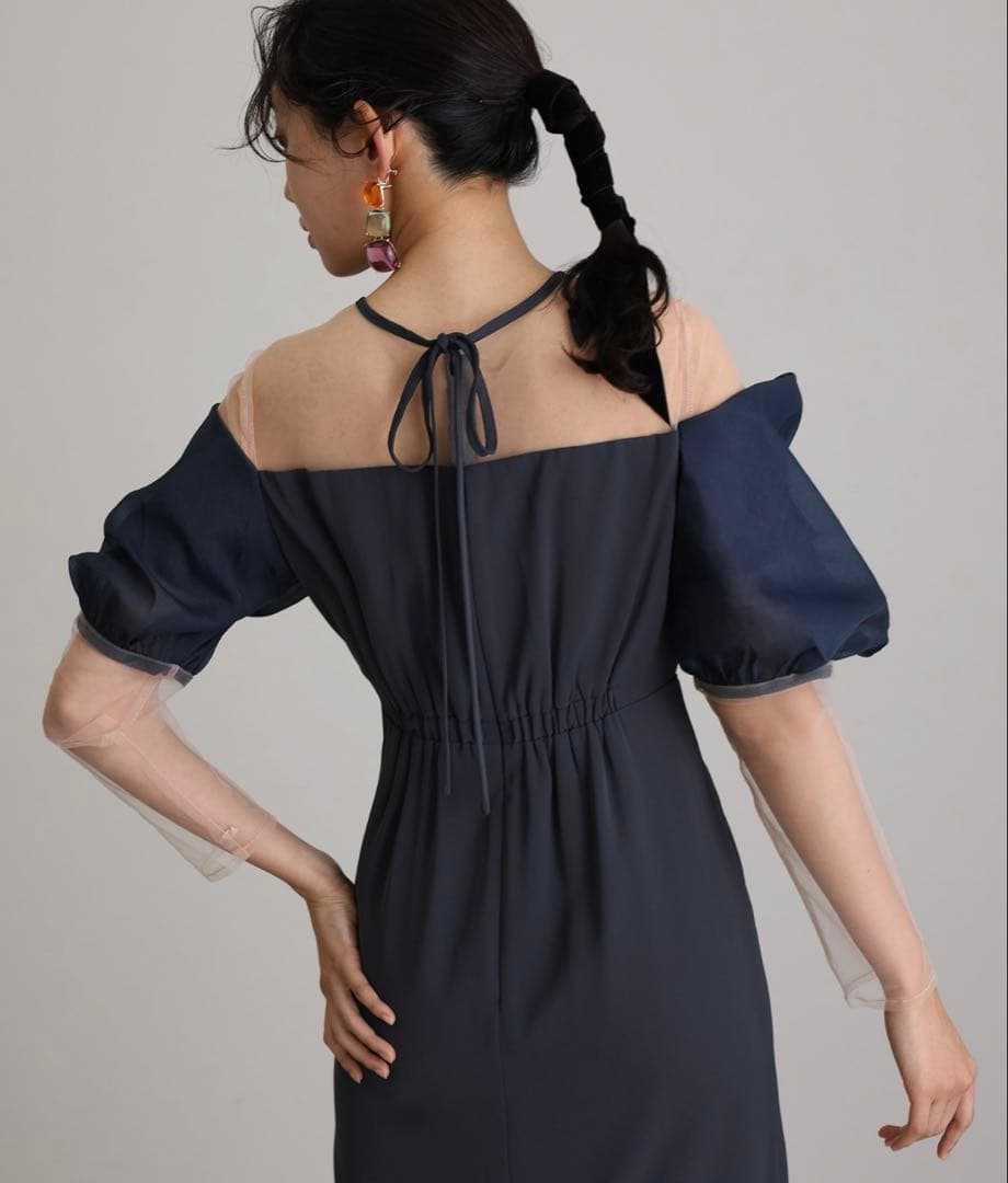 pourvous オフショルダーストレートドレス アッシュネイビー L