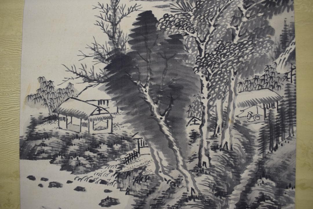 春藤健/水墨柳陰山水画賛/掛軸☆宝船☆Z-410