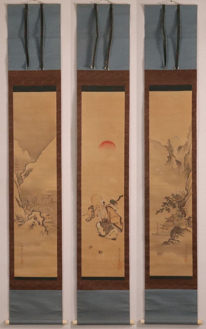 【模写】日本画 狩野素川(章信) 寿老人 山水 三幅対 絹本 掛軸 MA446