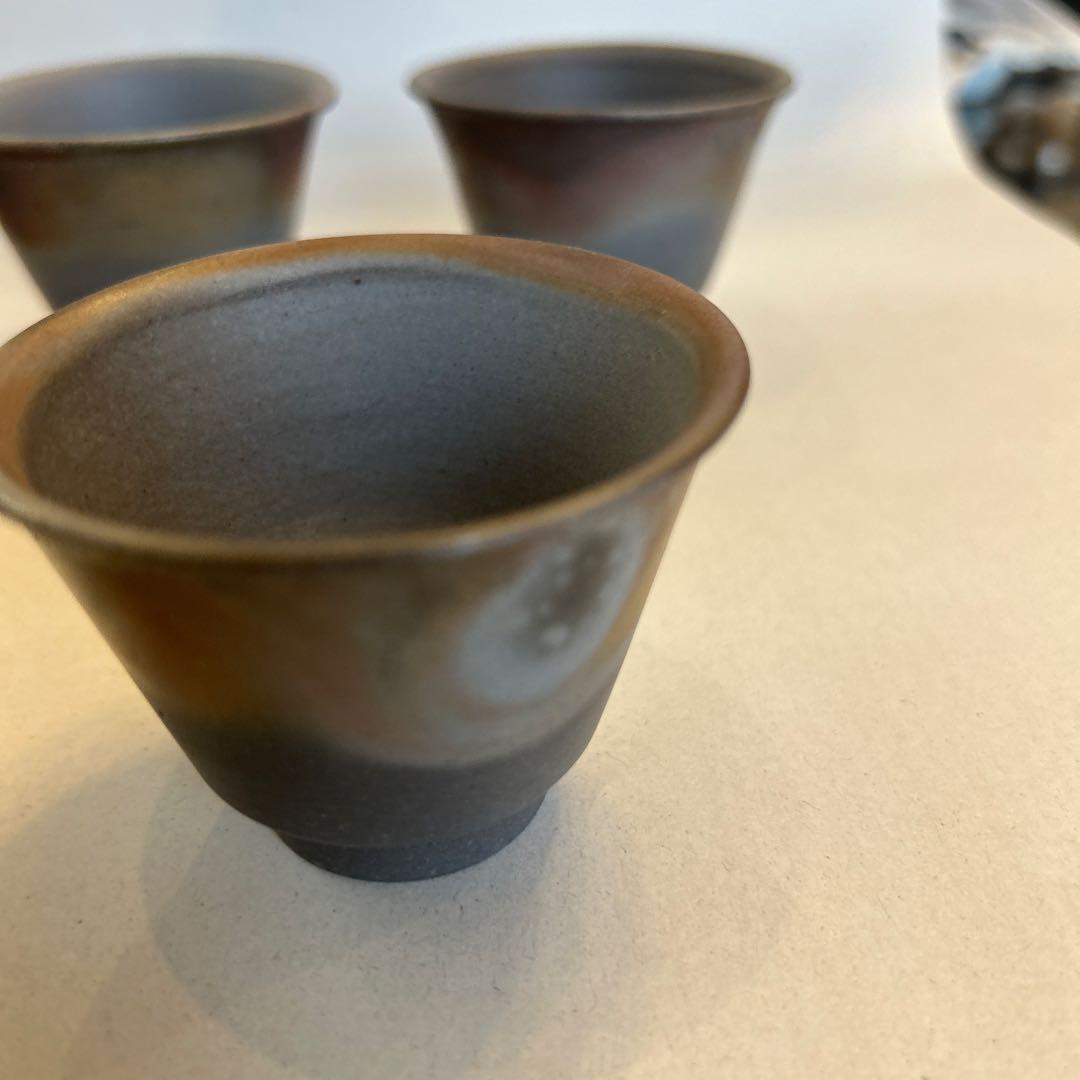 『値引き』備前焼　藤田龍峰　煎茶器　煎茶碗5客　青備前