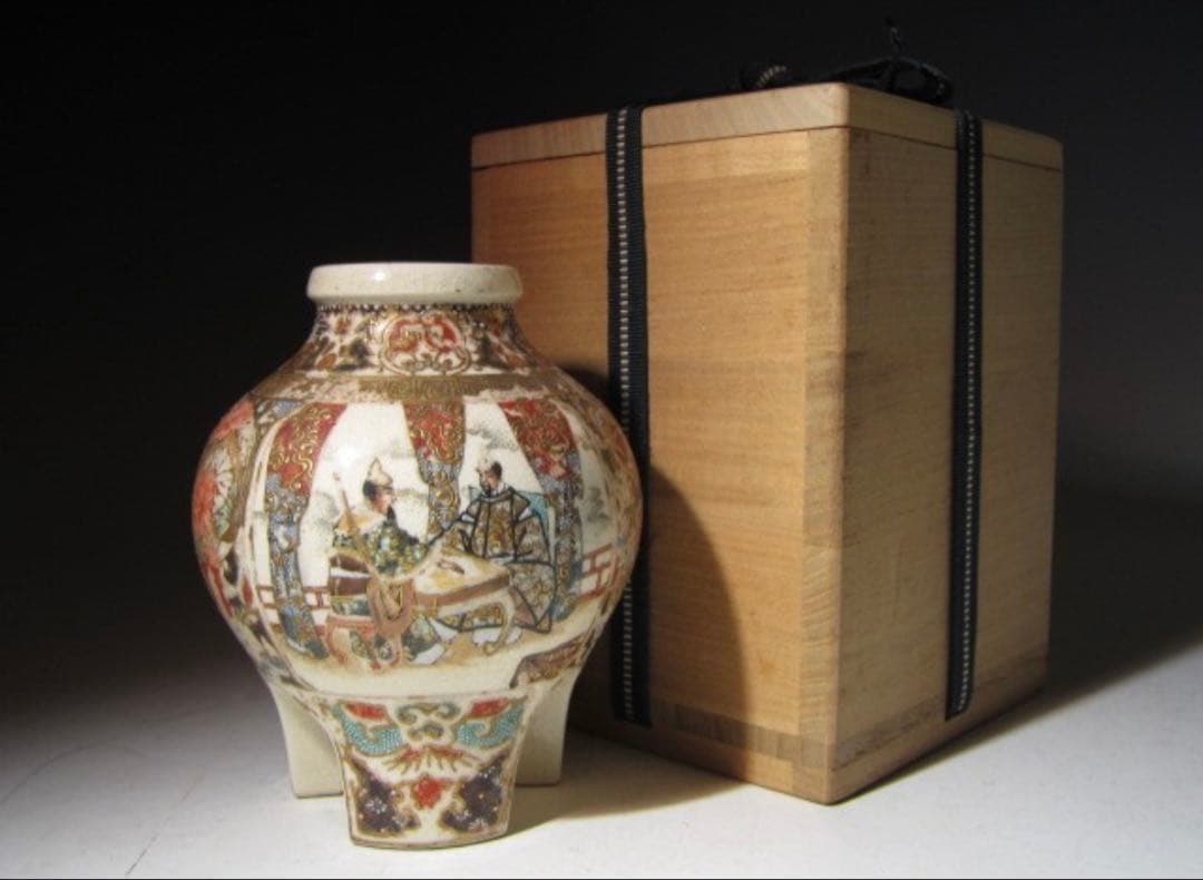 江戸期 京薩摩 帯山造 金襴手花入！7712