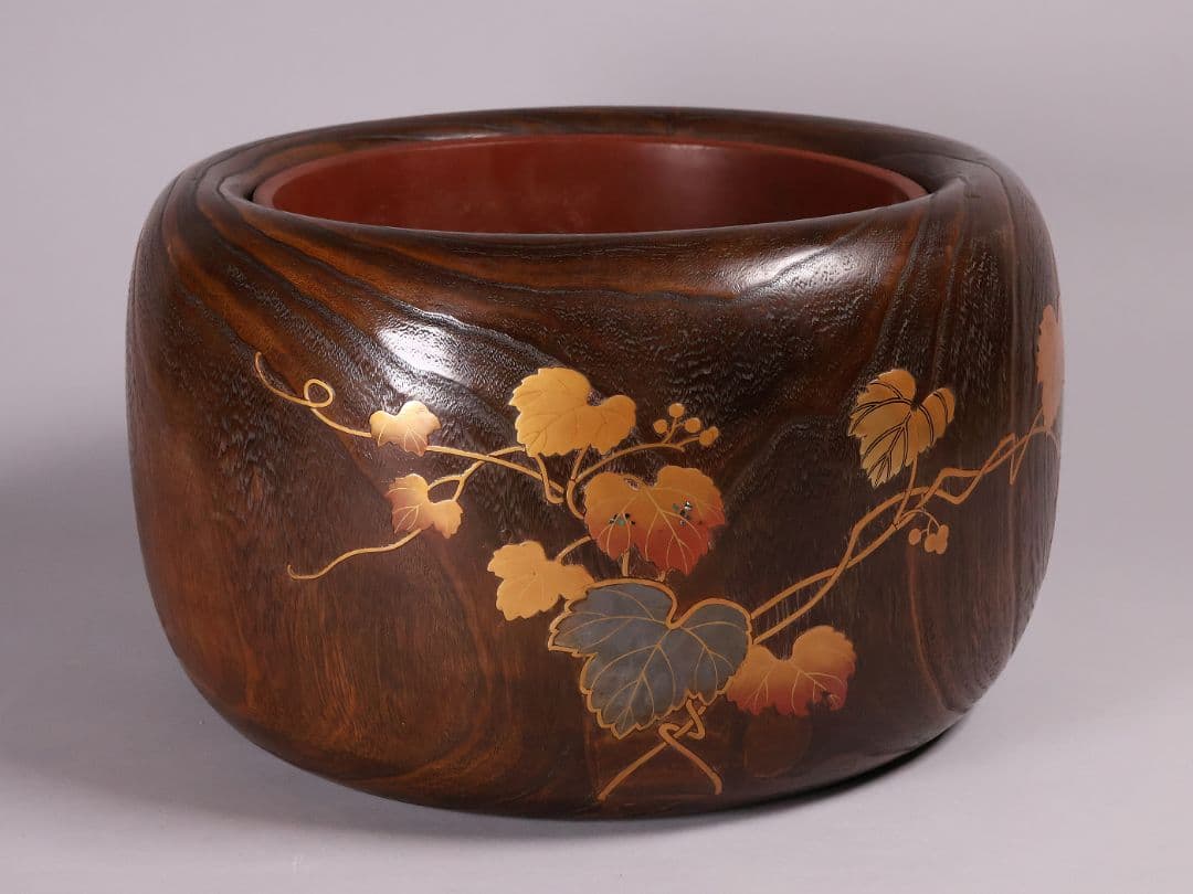 尺参 桐火鉢 金蒔絵 螺鈿細工 幅37.8cm 尺3 蔦 鳥 草【MB32】