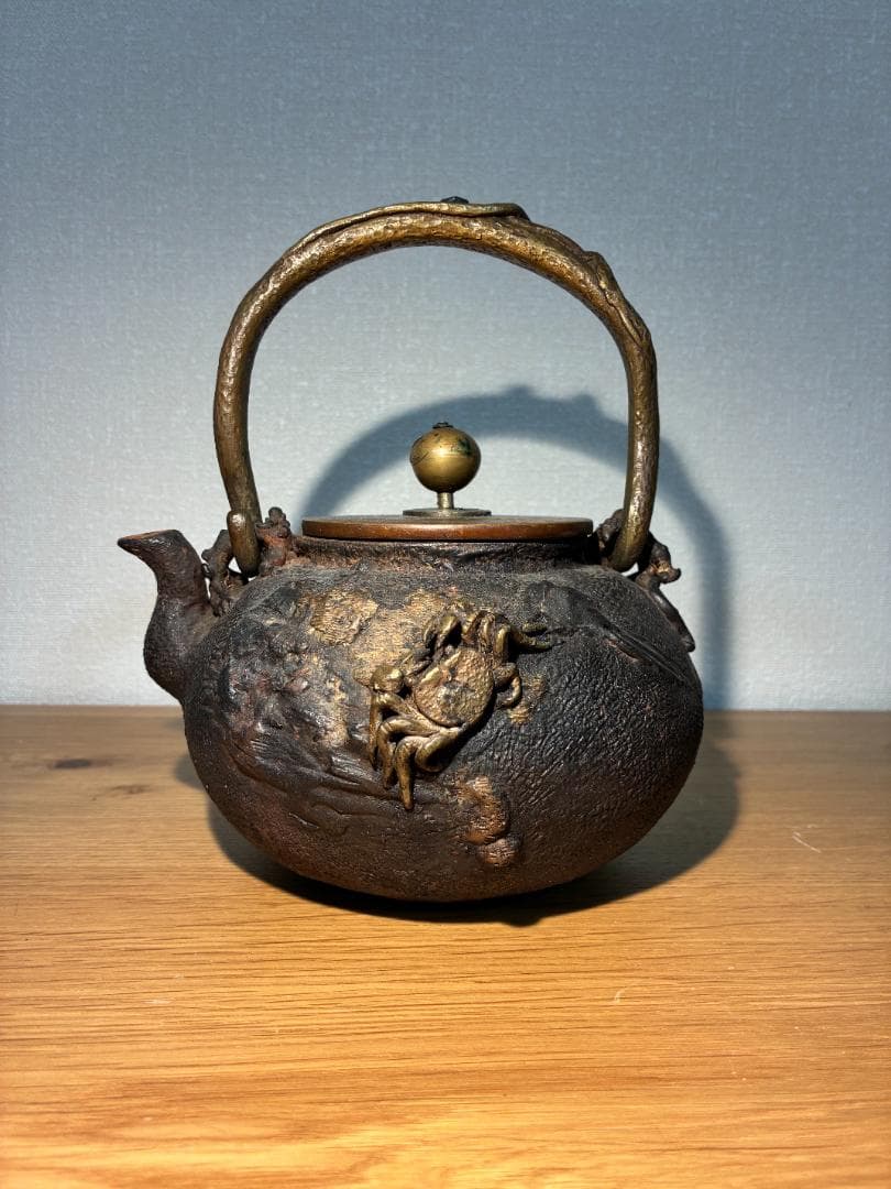 016 【希少】龍文堂 亀文堂 伝統工芸品 鉄瓶 カニ 蟹図