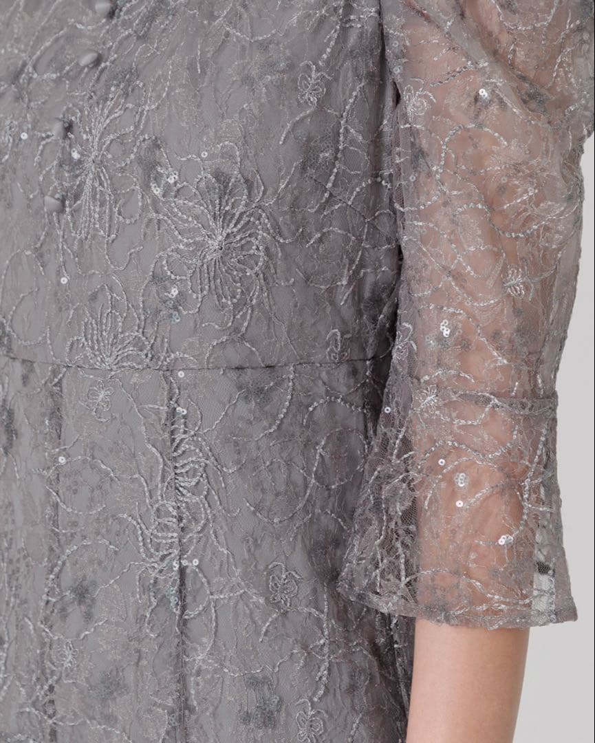 【LEJA】スパンコール花柄刺繍ソフトパフスリーブマーメイドラインドレス