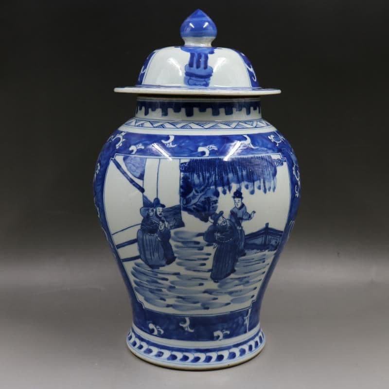 清康熙窓を開けます青花人物将軍缶 景徳鎮 陶磁器 装飾品 現代工芸品美術品 置物