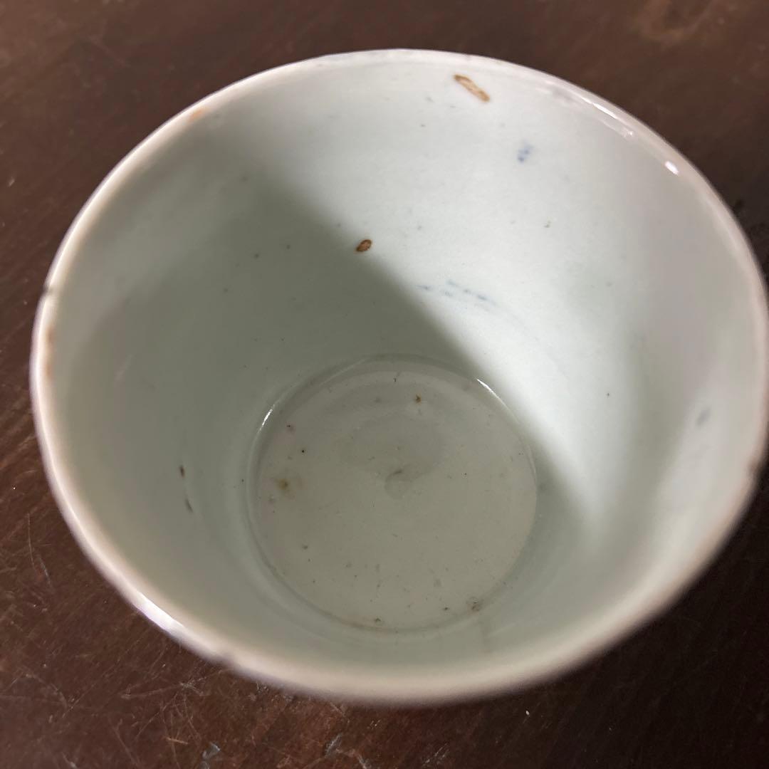 古伊万里染付　格子縞　蔓草文　蕎麦猪口　江戸初期.前期　盃　アンティーク　李朝