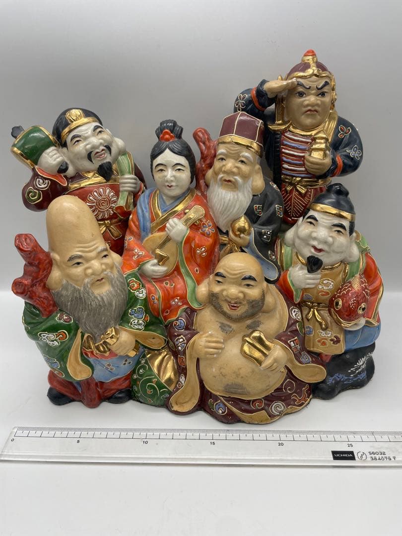 七福神像 陶器製 九谷焼　裏刺繍付き