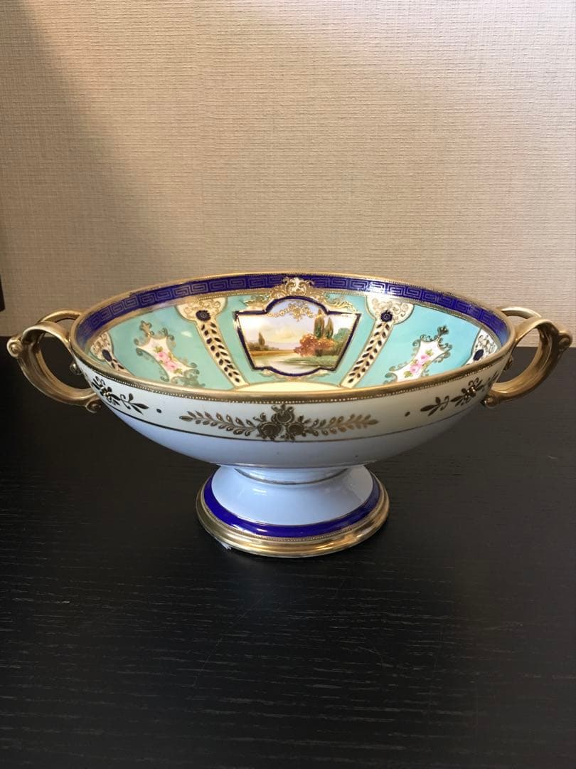 オールドノリタケ　金盛上　河畔風景紋図両耳飾り大鉢