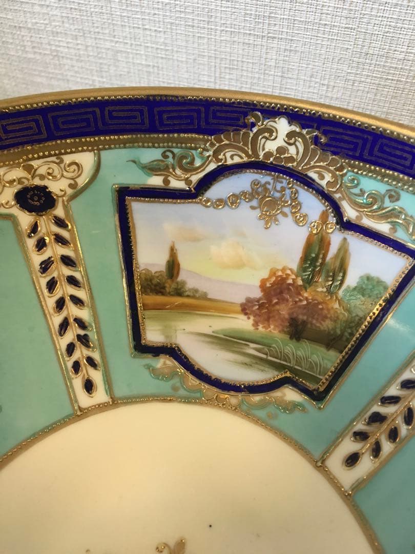 オールドノリタケ　金盛上　河畔風景紋図両耳飾り大鉢