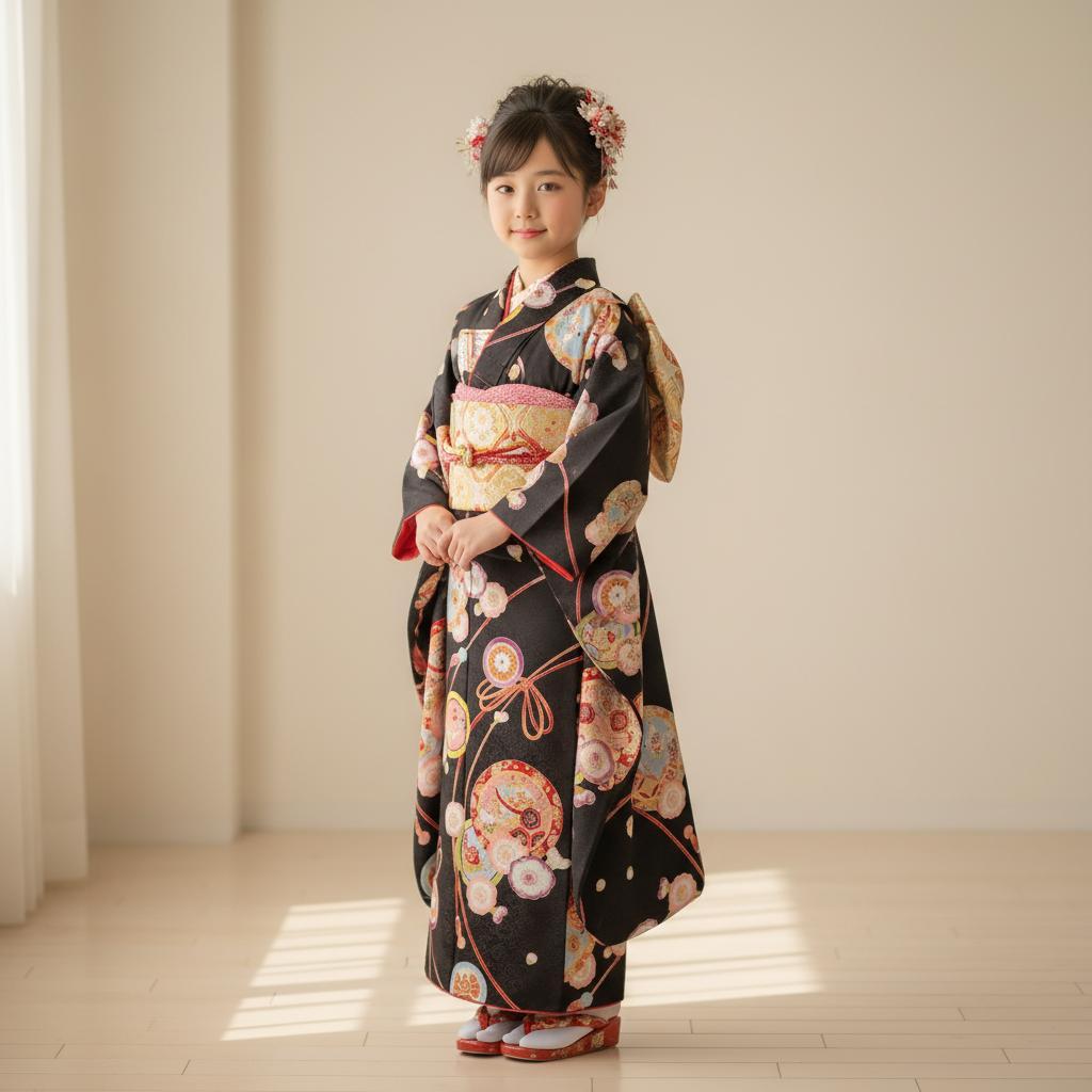 七五三 753 着物 七歳 四つ身着物 黒地友禅柄 新品 送料込み k4132t