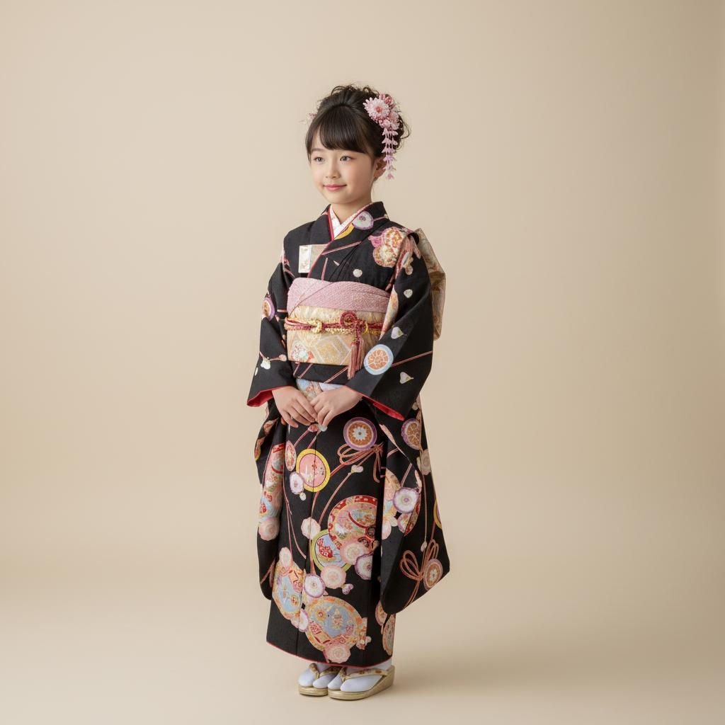 七五三 753 着物 七歳 四つ身着物 黒地友禅柄 新品 送料込み k4132t