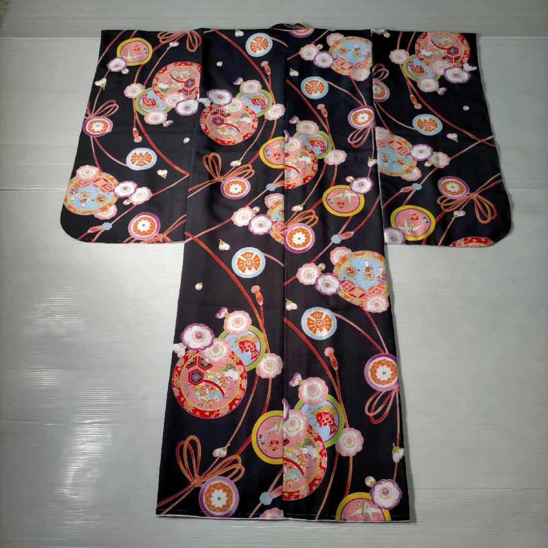 七五三 753 着物 七歳 四つ身着物 黒地友禅柄 新品 送料込み k4132t