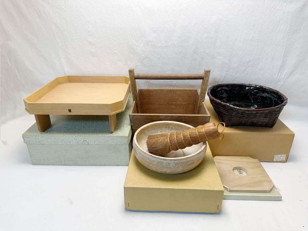 ほぼ未使用 茶道具 箱炭斗6点セット 板釜敷 釜束子 灰器 竹炭斗 炭台 元箱