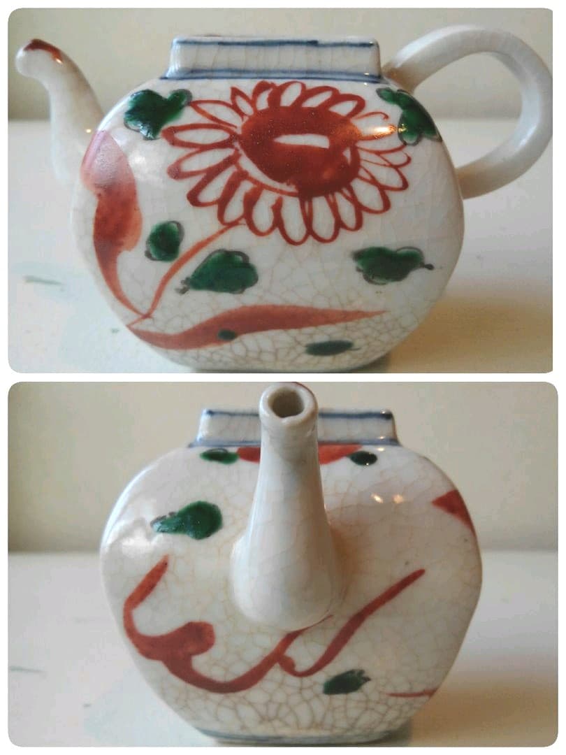 小阿弥　赤絵　角形　茶瓶　急須