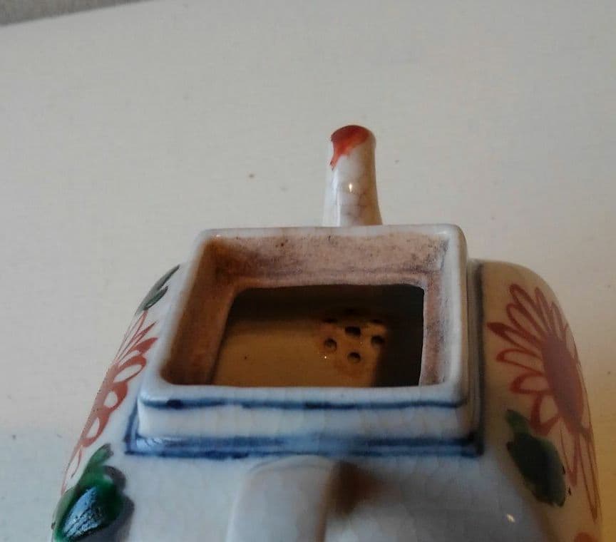 小阿弥　赤絵　角形　茶瓶　急須