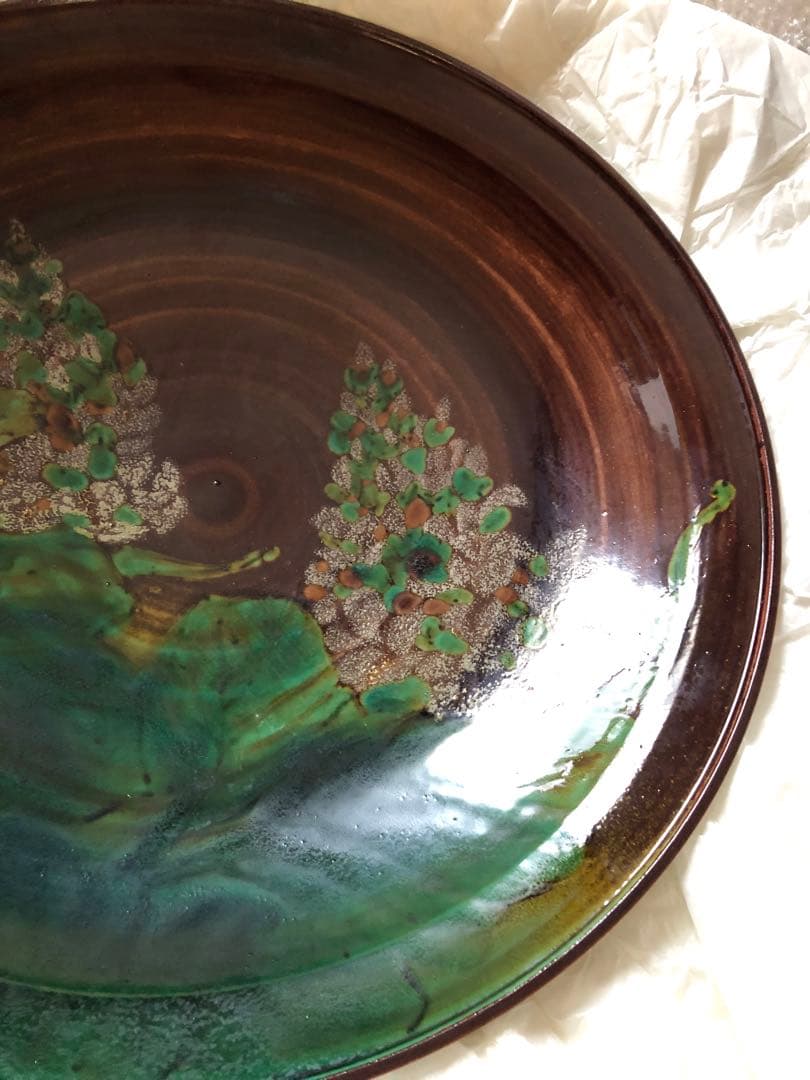 彩磁彩　野辺華　飾皿　浅蔵五十吉氏作　共箱入　37㎝