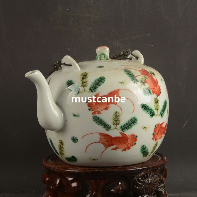 パステル魚藻紋支釘提梁壺 茶壺 茶道具 景徳鎮 陶磁器 装飾品 現代工芸品 置物