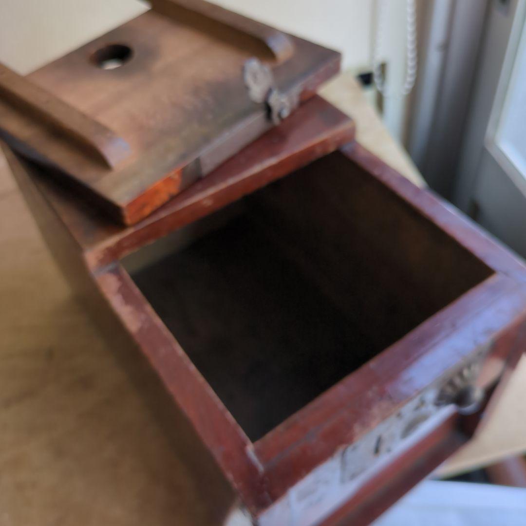 骨董 銭箱 木製 金具 物入 丁場 金庫 アンティーク 木箱 古道具 飾り金具
