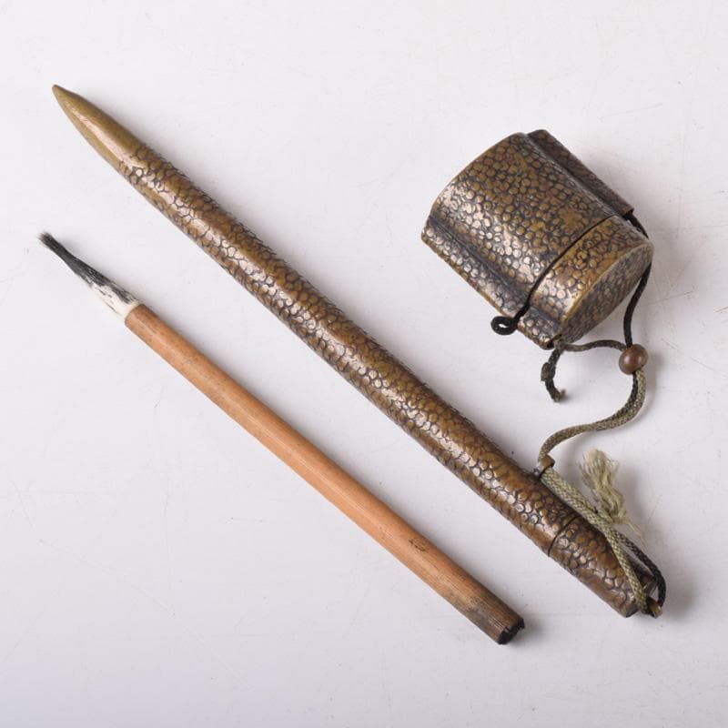 みみみ　時代提げ物　書道具　黄銅鎚目　矢立　筆　筆入　墨壺　C　7518