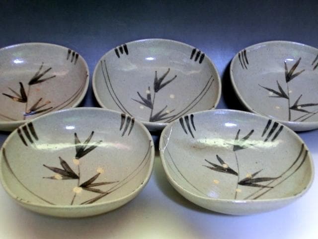 鉢■絵唐津向付 小鉢 5客 古い唐津 竹絵 四角皿 銘々皿 時代物 骨董品■