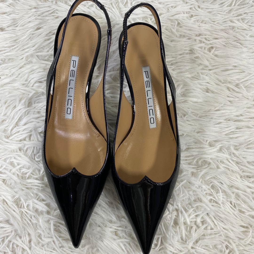 美品 ペリーコ PELLICO バックストラップミュール 22cm エナメル 黒