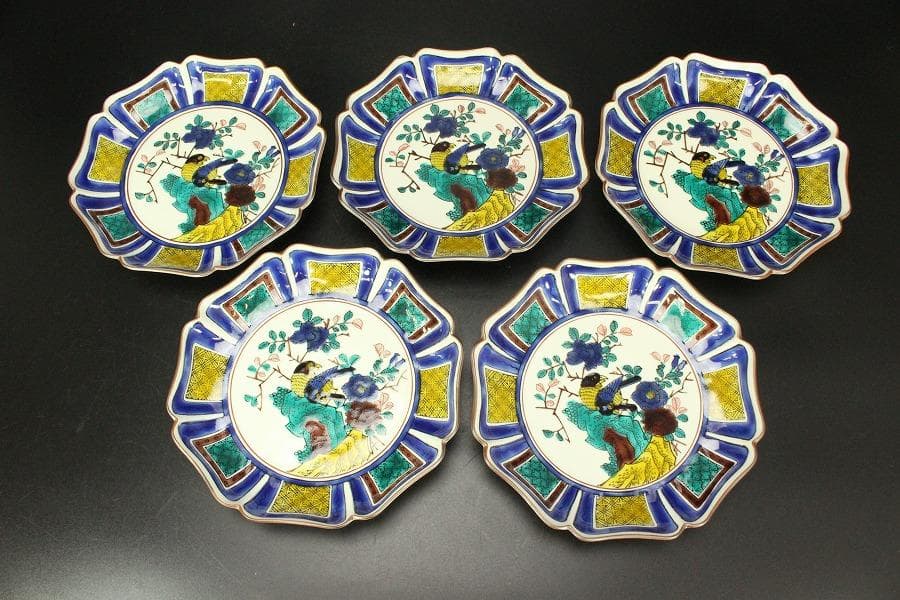 九谷焼 皿揃 色絵花鳥 八角皿 五枚 共箱(メ1538)
