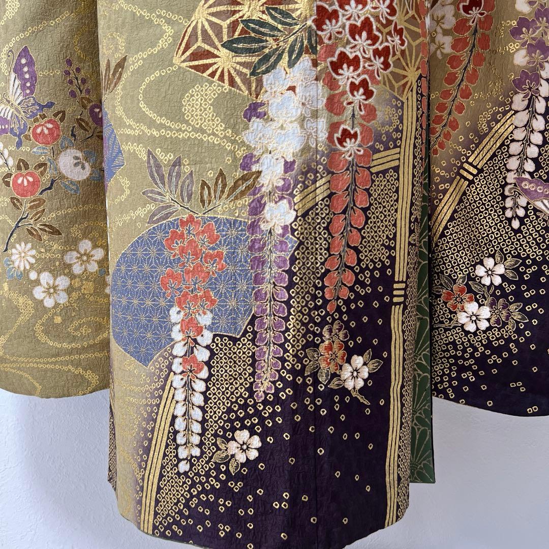 382 振袖フルセット 正絹 カーキ 茶 金彩 暈し染め 鈴乃屋 シック くすみ
