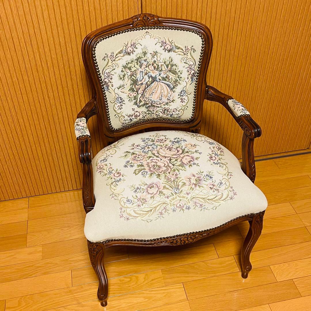 【美品】仏フランス アンティーク家具 プチポワン アームチェア ゴブラン織り