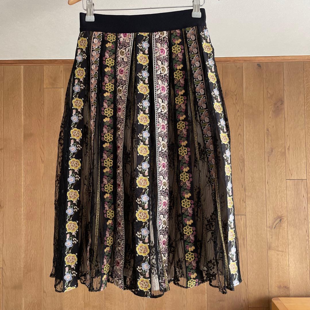 Alice+Olivia 花柄 刺繍 レース スカート ブラック アリスオリビア