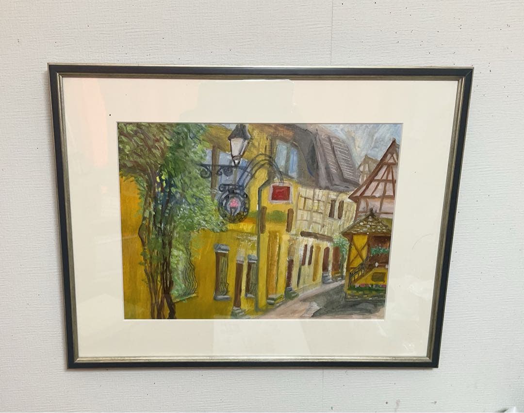 油彩画　「　フランスの街並み　」　額付