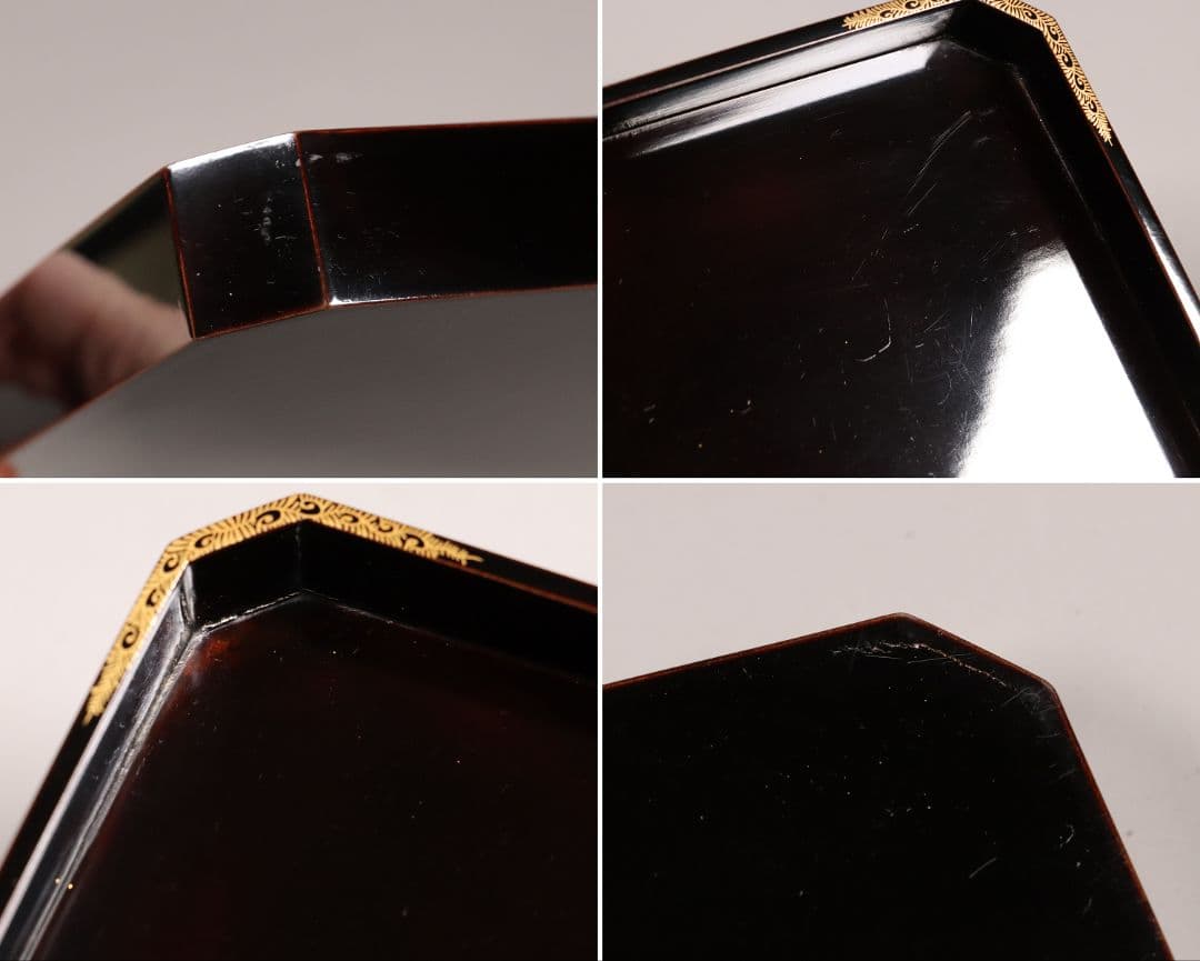 MA6 木製漆器 草花金蒔絵 黒塗 長方盆 大小一組 木箱入 切金 梨地 菊