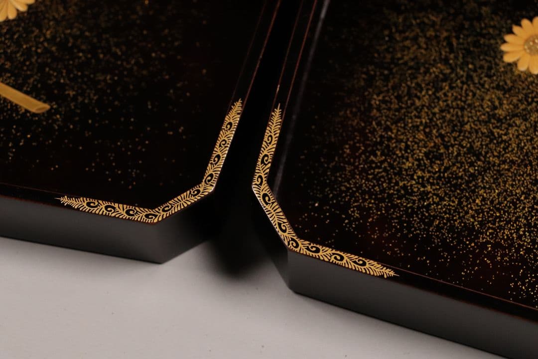 MA6 木製漆器 草花金蒔絵 黒塗 長方盆 大小一組 木箱入 切金 梨地 菊
