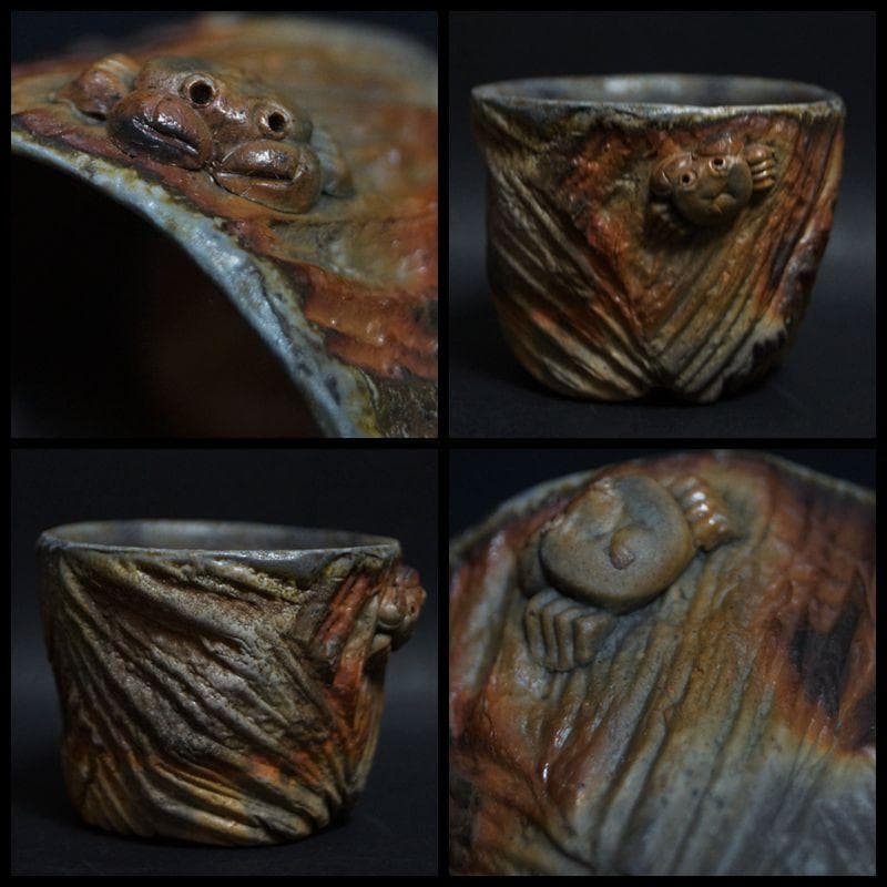 備前焼 小西陶蔵造 窯変造形浮彫『蟹文』酒呑/盃/ぐい呑み共箱