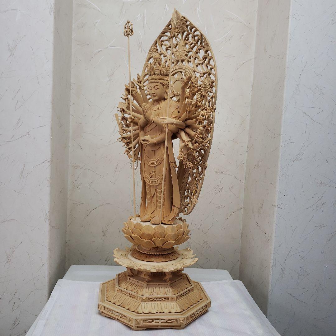 Ｂフライデー蔵出し特価大きな仏像★ヒバ材 千手観音菩薩像1尺立★全高 約68cm