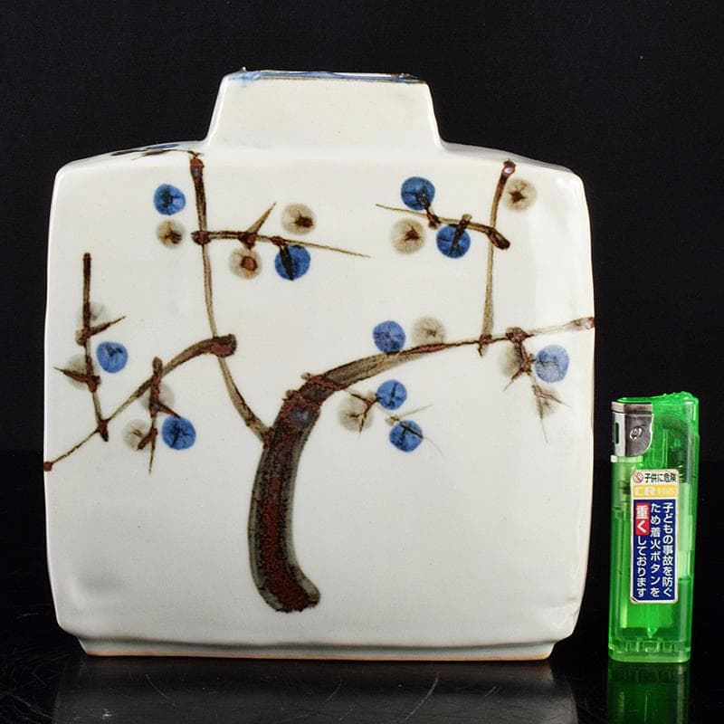 purinmama　人間国宝加藤卓男作白釉梅図　扁壷　共箱　M　R5120