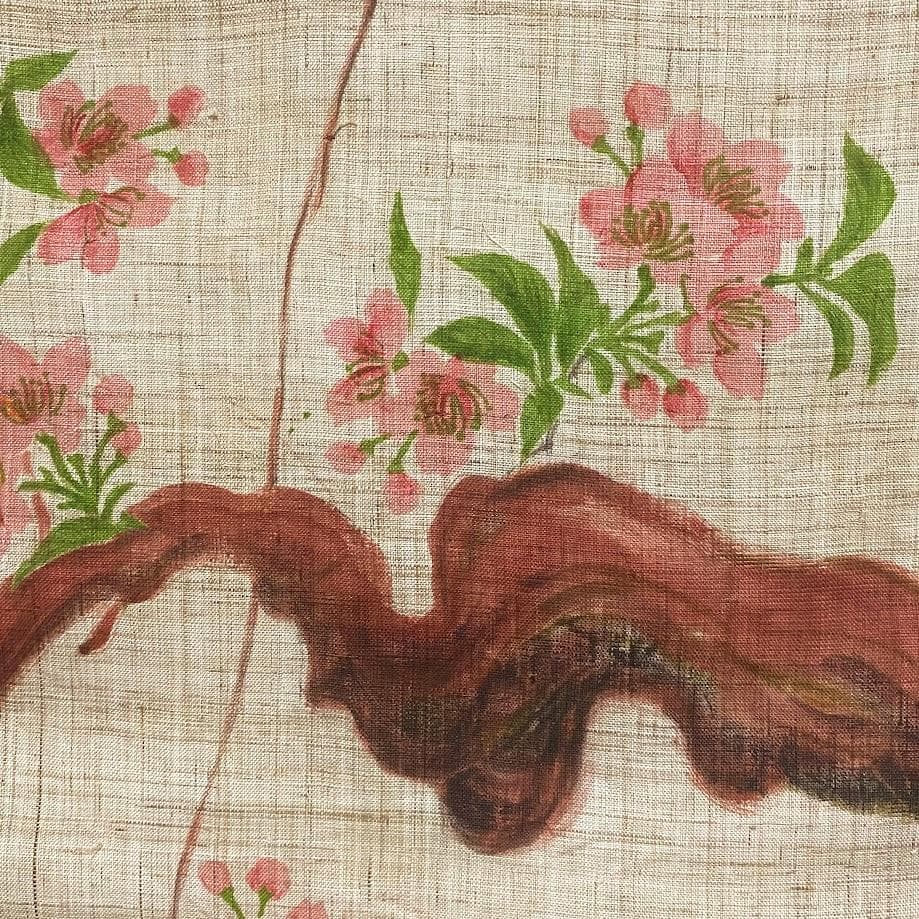 手描き麻暖簾【枝垂櫻】手染め　桜のれん 巾77×158cm　一点物　アンティーク