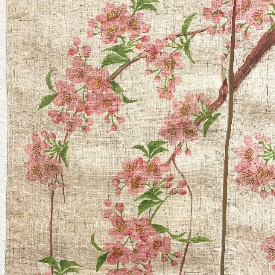 手描き麻暖簾【枝垂櫻】手染め　桜のれん 巾77×158cm　一点物　アンティーク