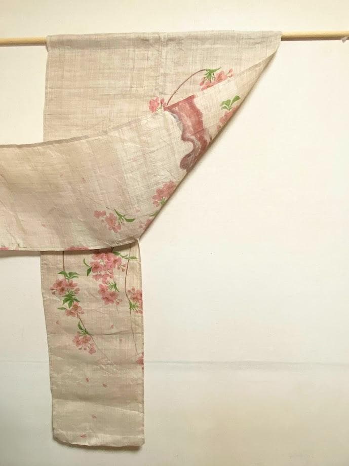 手描き麻暖簾【枝垂櫻】手染め　桜のれん 巾77×158cm　一点物　アンティーク